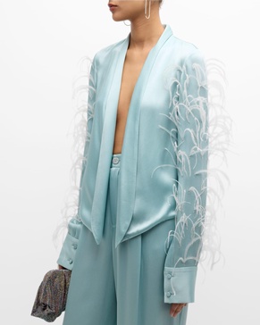 Feather-Trim Soft Doubleface Satin Open Blazer