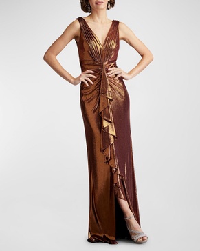 Pleated Metallic Jersey Column Gown