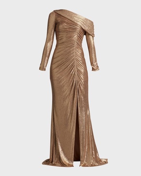 Ruched One-Shoulder Metallic Gown