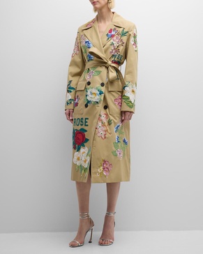 Hand Quilted Floral Trench Coat with Tie Belt