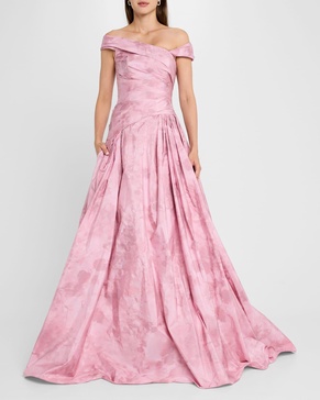 Off-The-Shoulder Floral Taffeta Asymmetrical Gown