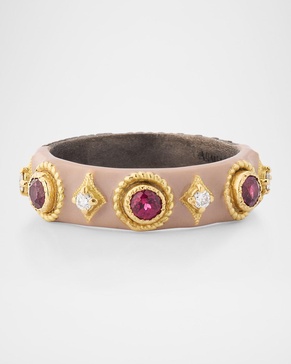 18K Rose Gold, Antiqued Silver, and Nude Enamel Stacked Ring with Diamonds and Purple Garnet 