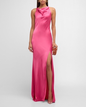 Cowl-Neck Sleeveless Slit-Hem Doubleface Satin Gown