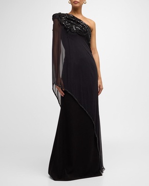 Beaded One-Shoulder Gown with Sheer Overlay