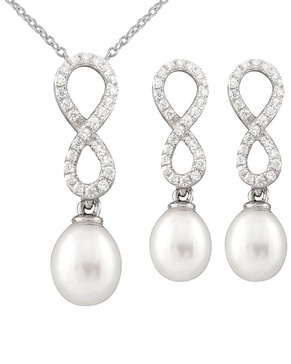 Splendid Pearls Silver 7.5-8mm Freshwater Pearl & CZ Earrings & Necklace Set Set