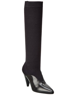 Prada Logo Knit & Leather Pointy-Toe Knee-High Boot