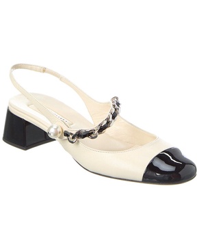 Miu Miu Chain Detail Leather & Patent Slingback Pump