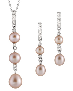 Splendid Pearls Silver 5.5-8.5mm Freshwater Pearl & CZ Earrings & Necklace Set Set