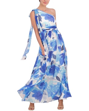 one-shoulder printed chiffon gown