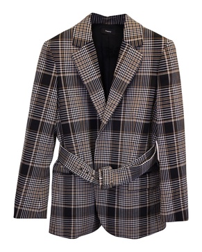 becket belted checked blazer in brown polyester and wool