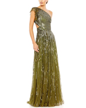 sequined one-shoulder flutter sleeve a-line gown