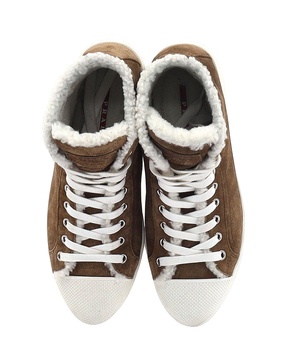 shearling-lined high-top sneakers in brown suede