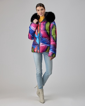 reversible apres-ski jacket with detachable fox hood trim