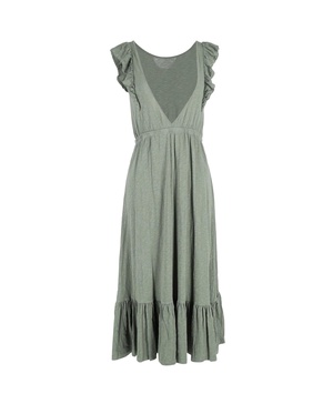 gathered ruffle-trimmed midi dress in khaki cotton