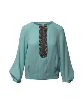 embellished long sleeve top in blue triacetate