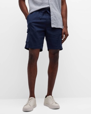 men stretch linen pull on cargo short in deep navy