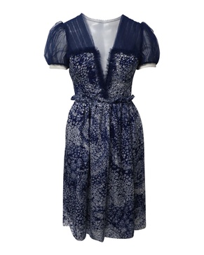 puff sleeve knee length printed dress in blue silk