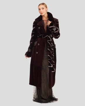 sheared mink coat with intarsia sleeves and belt