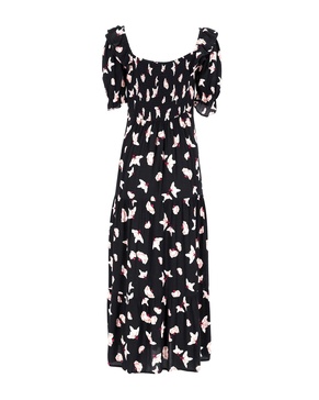 printed puff sleeve midi dress in black viscose