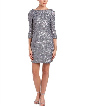 beaded bateau neck dress in grey