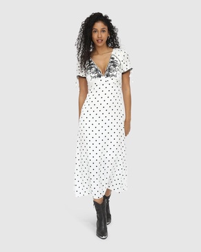 you & i polka dot midi dress