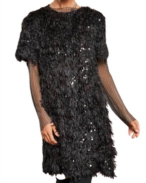 sequin textured short sleeve dress in black