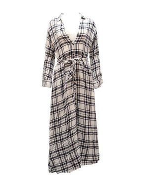 checkered v-neck longsleeve maxi dress in white viscose