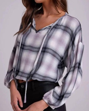 tie up pullover top in mauve rose plaid