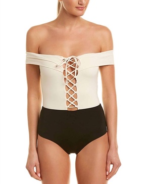 anja off the shoulder lace up tie one-piece swimsuit in cream/black