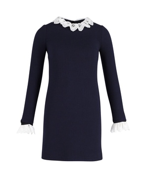 broderie anglaise-trimmed mini shift dress in navy blue wool