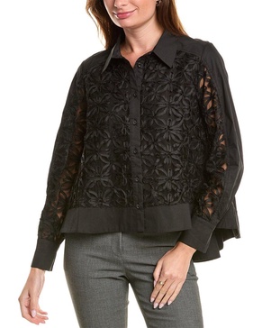 contrast mesh embroidered high-low shirt