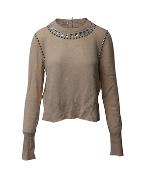 embellished long sleeve sweater in brown wool