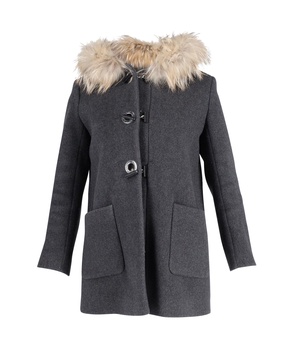 sandro fur trimmed hooded coat in grey wool