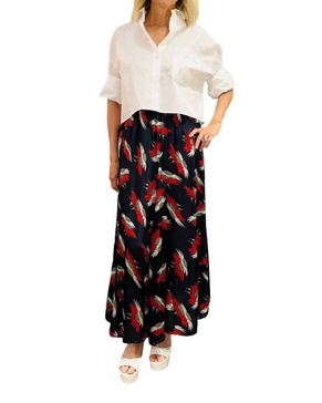 godet maxi skirt in navy birds of paradise print