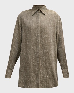 linen-silk herringbone oversized button-down shirt