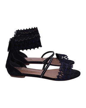 studded laser-cut sandals in black suede