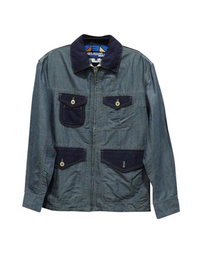 man zip multi-pocket shirt jacket in blue cotton denim