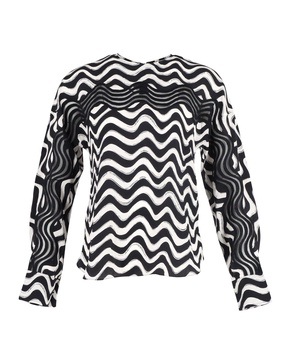 wave-print long-sleeve blouse in black and white silk