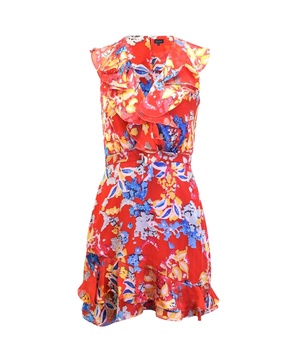 floral print ruffled mini dress in red silk