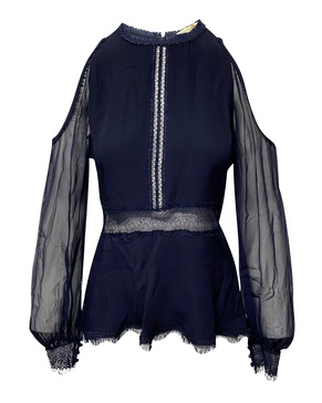 cold shoulder lace trim blouse in blue silk