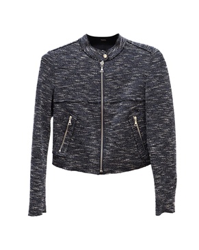 cropped moto jacket in blue cotton tweed