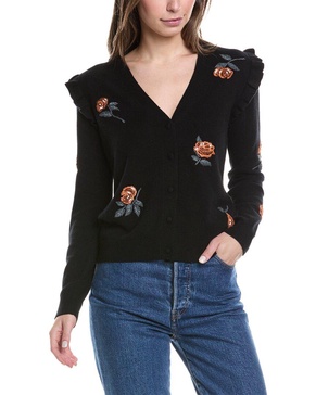 Minnie Rose Embroidered Flower Ruffled Cashmere Cardigan