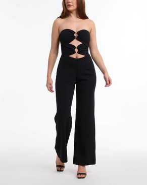 women's ring detail wide leg knit crepe with satin combo jumpsuit