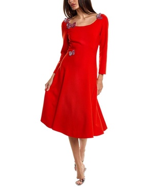 Oscar de la Renta Butterfly Applique Silk-Lined Wool-Blend A-Line Dress