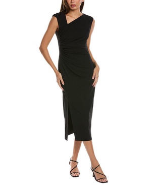 Anne Klein Women's Asymmetrical Neck Ruched Midi Dress