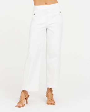 stretch twill cropped wide leg pant in white