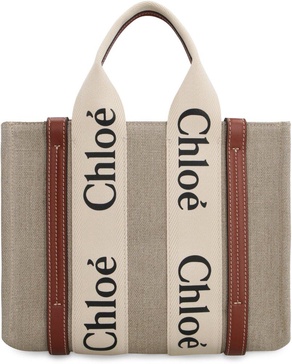 CHLOÉ Woody Small Canvas & Leather Tote in Beige and Auburn