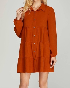 long sleeve tiered button down dress in pumpkin