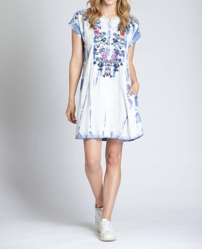 embroidered bird dress in indigo