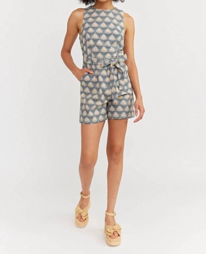 novelty geo linen tie waist romper in blue natural